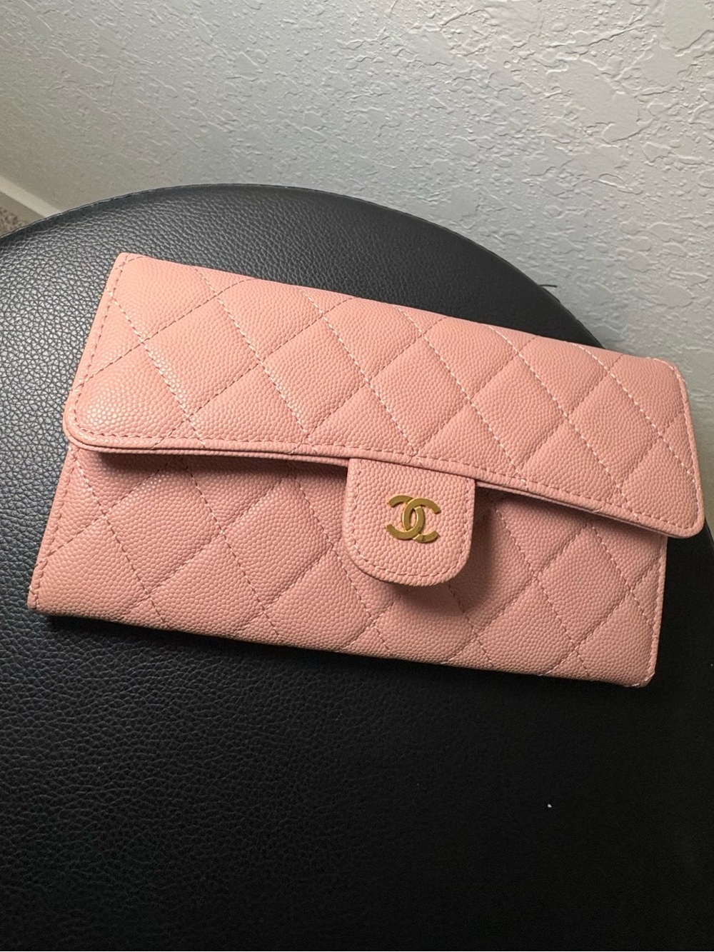 CHANEL Blush Pink Quilted Wallet with Gold CC